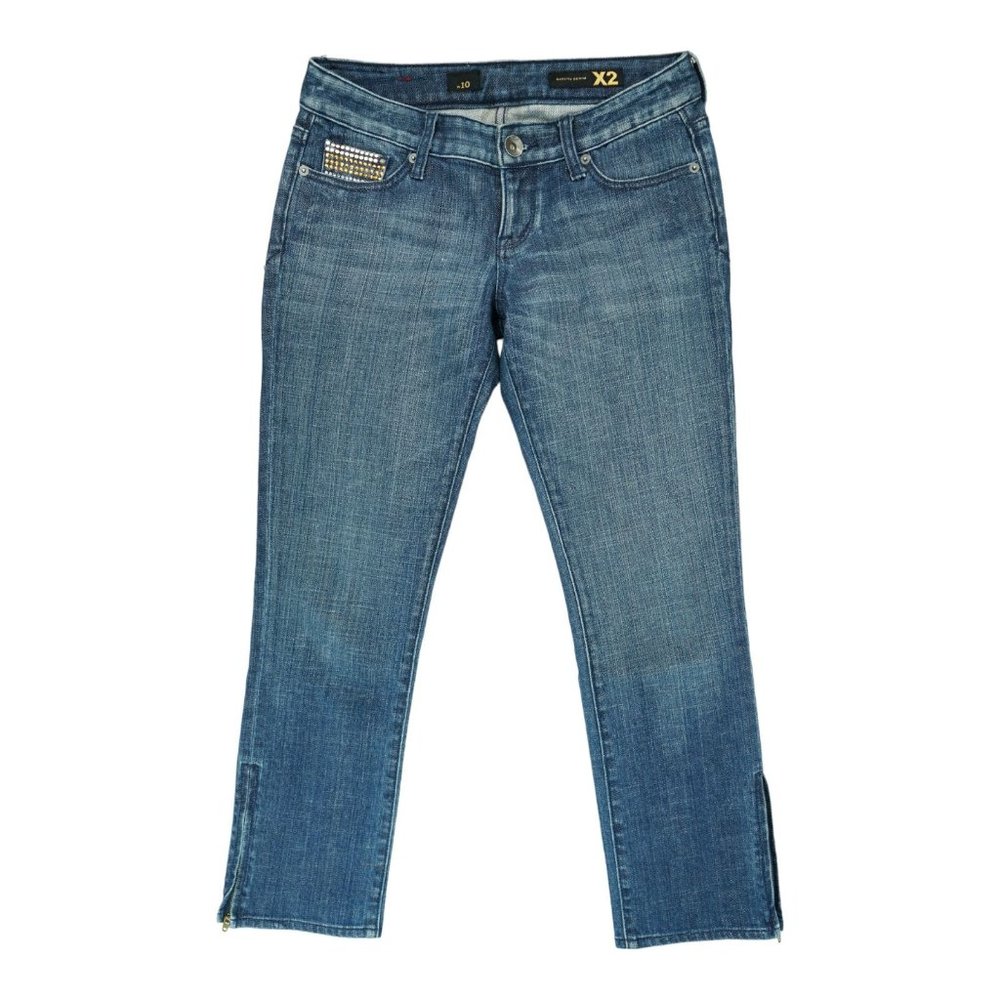 X2 W10 Taper Jeans Size 2 Women's Stretch Low Rise Flap Pkts Zipper Cuff Blingy